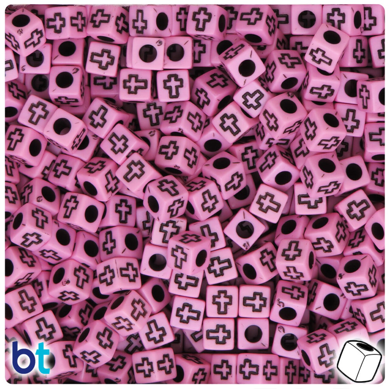 BeadTin Light Pink Opaque 6mm Cube Plastic Alpha Beads - Black Crosses (200pcs)